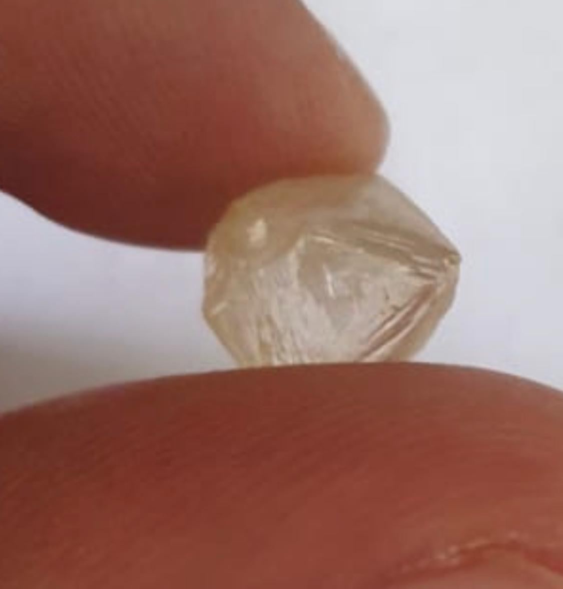 Octaèdre de diamant brut angolais tenu entre les doigts
