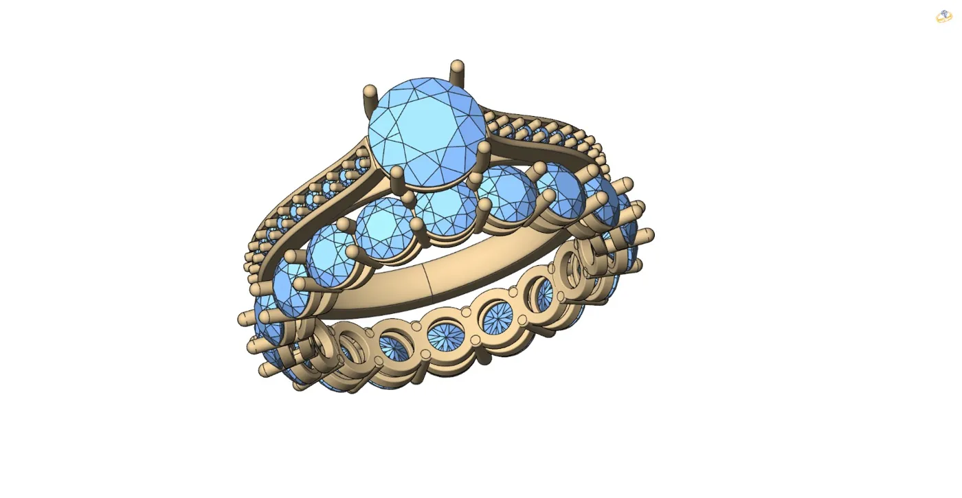 Dessin 3D d’une bague tour complet associée à un solitaire pavé