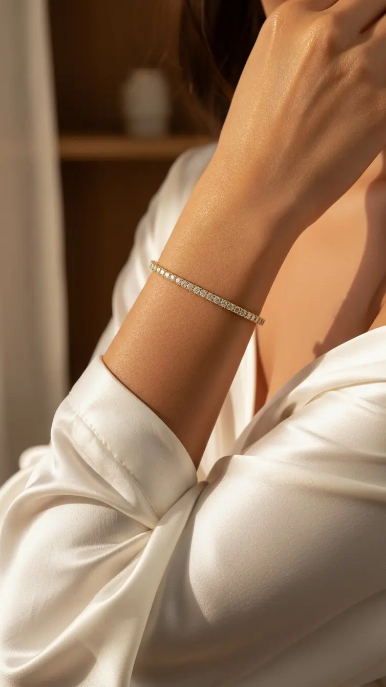 Bracelet tennis en diamants, gros plan poignet