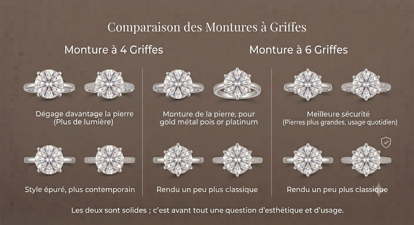 Comparaison monture 4 griffes et 6 griffes