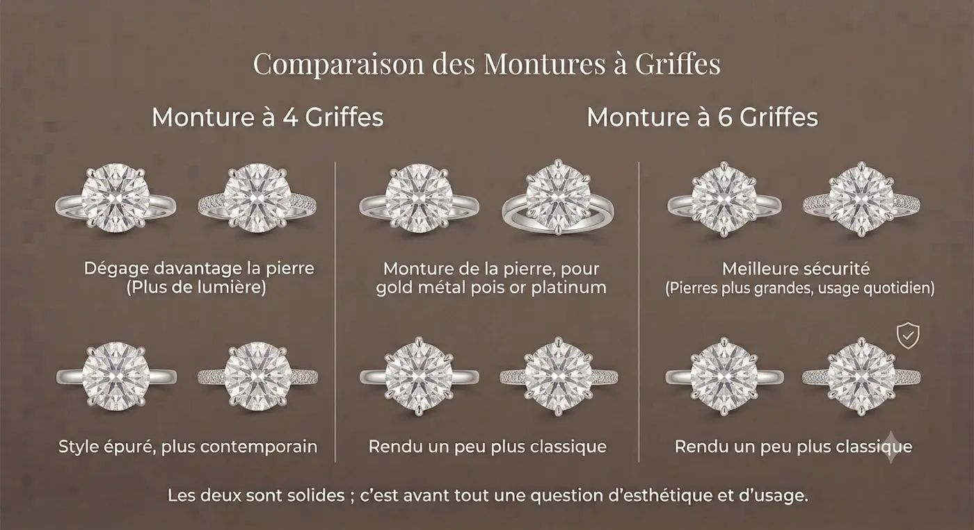 Comparaison monture 4 griffes et 6 griffes
