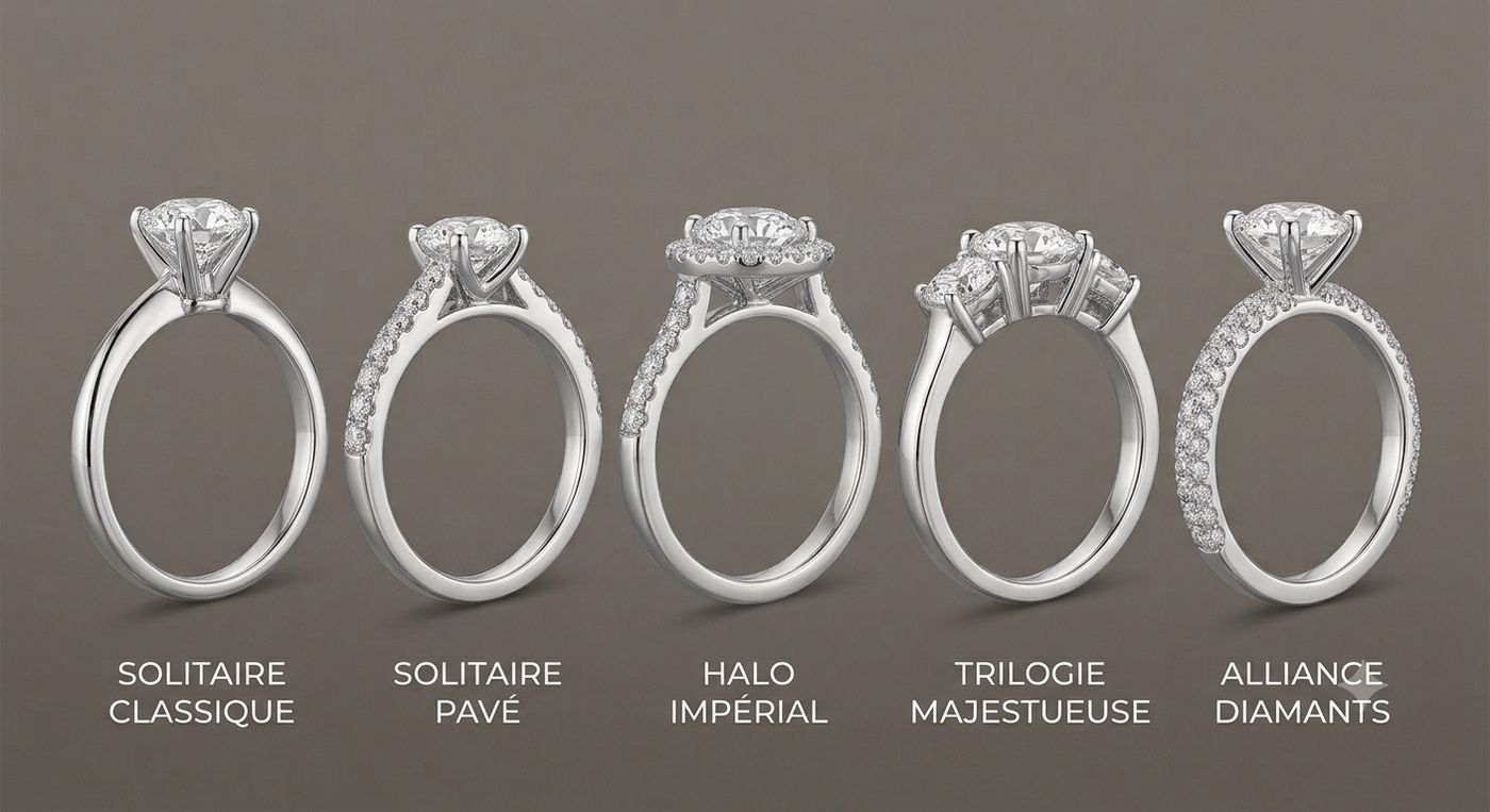 Les différents styles de montures : solitaire, halo, trilogie, pavé