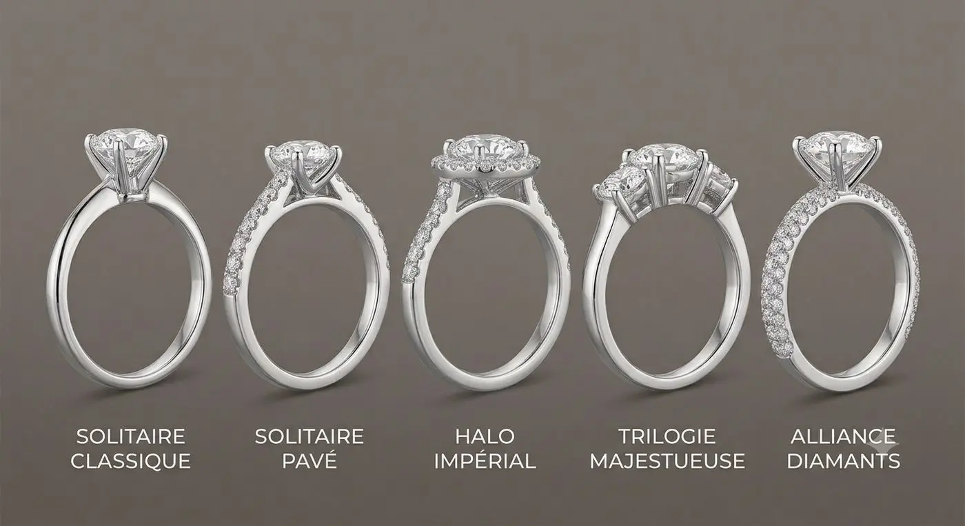 Les différents styles de montures : solitaire, halo, trilogie, pavé
